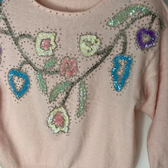 Vintage 80s Beaded Sweater Pastel Small - Picture 3 of 7